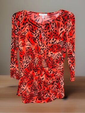 Chaus Red & Black Animal-Print Long Sleeve V-Neck Faux Wrap Top-M-EC